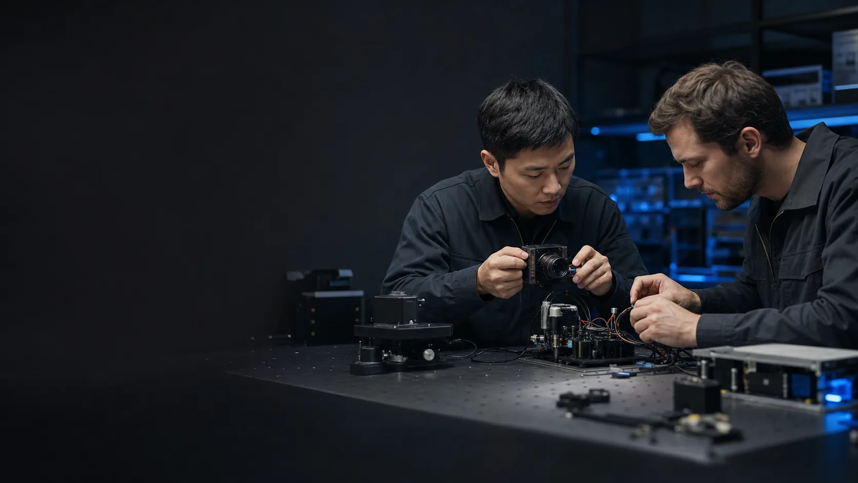 Two engineers collaborating on camera hardware at a lab bench