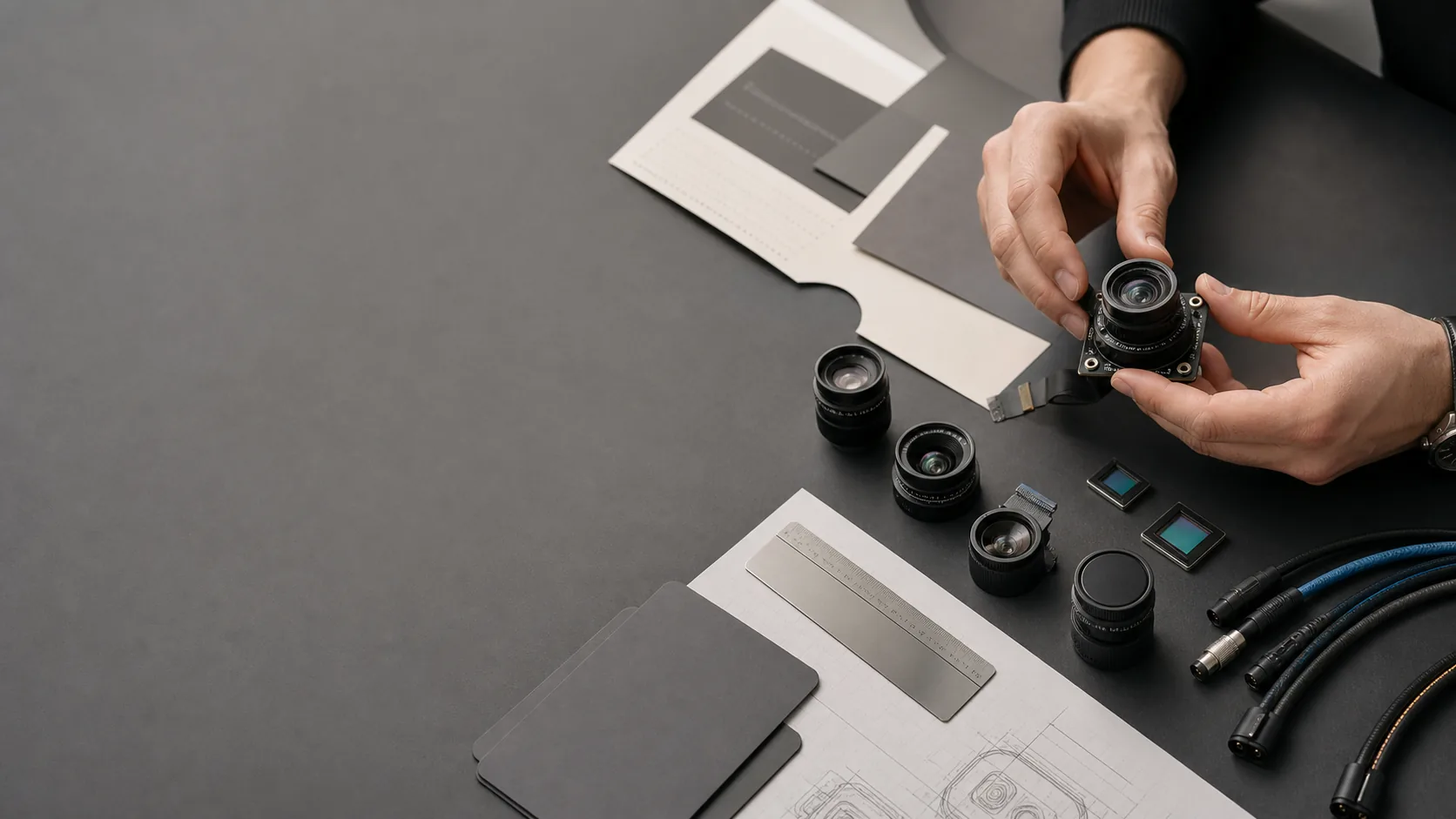 Camera module and product-definition materials on an engineering worktable