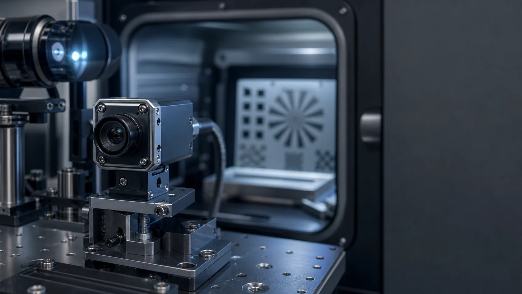 Industrial camera module under optical validation in a laboratory rig