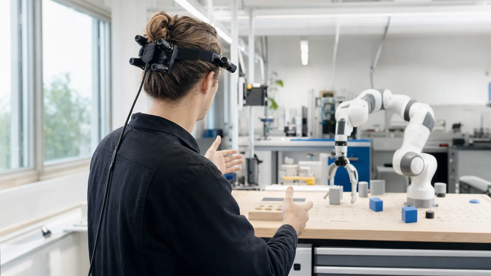 Operator wearing an EGO capture rig while working with a robot in a lab